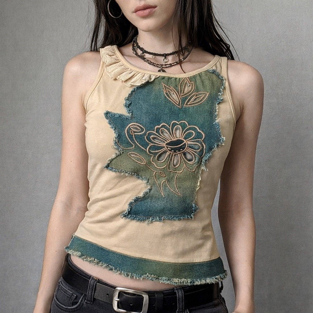 Y2K Denim Patchwork Tank Top Womens S Indie Art Girl Embroidered Floral Boho